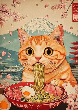 Cat Eating Ramen with Mount Fuji