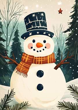 Watercolor Snowman in Winter Forest Scene