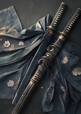 Two Katanas with Floral Cloth