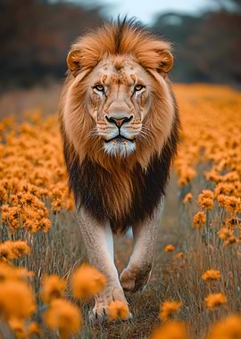 Majestic Lion in Field of Flowers