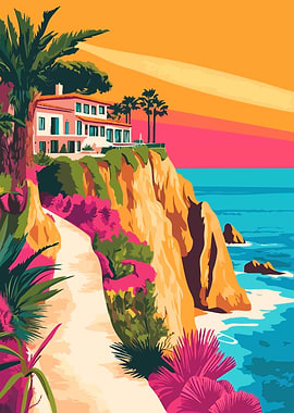 Oceanview Mansion Sunset Minimalist Abstract Art