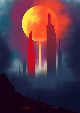 Cityscape Silhouette with Large Sun