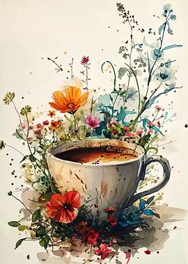 Coffee Cup with Floral Watercolor