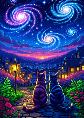 Cats Gazing at Galaxies over City