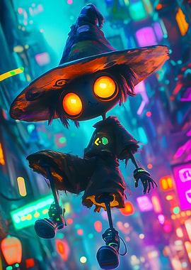 Cyberpunk Wizard in Neon Cityscape