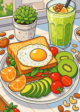 Healthy Breakfast with Smoothie and Sandwich