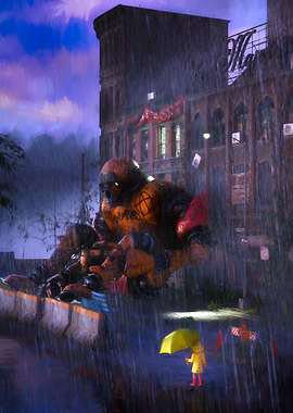 Rainy Cityscape with Robot and Child