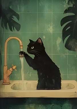 Black Cat Playing with Water Faucet