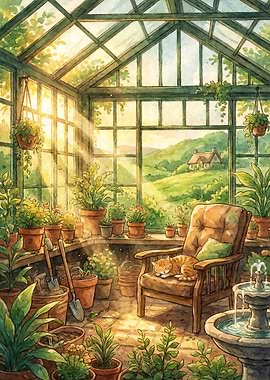 Greenhouse with Sleeping Cat