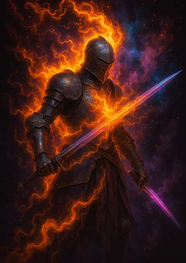 Fiery Knight in Galaxy Night