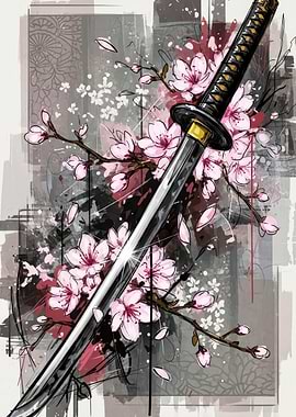 Katana and Cherry Blossoms Digital Art