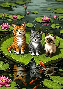 Cats on Lily Pad with Koi