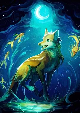 Fox and Fish Under Moonlight