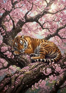 Tiger Sleeping in Cherry Blossom Tree
