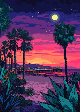 Retro Beach Night Sunset Pier Synth Art