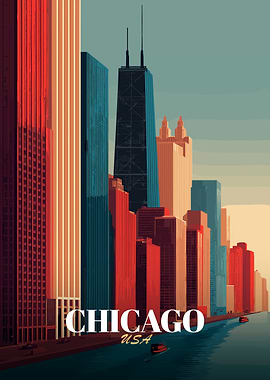 Chicago Skyline Art Deco Style Poster