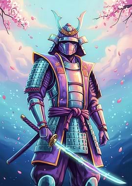 Purple Samurai with Cherry Blossoms