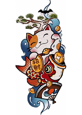 Maneki Neko with Koi Fish Tattoo