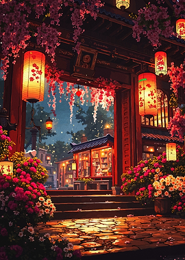 Japanese Garden with Lanterns and Flowers