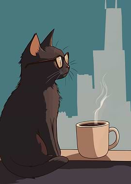 Cat with Glasses and Coffee