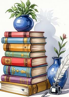 Watercolor Books Stack with Inkwell