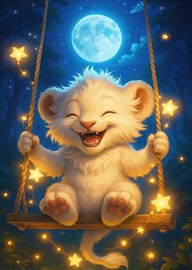 Happy Lion Cub on a Swing
