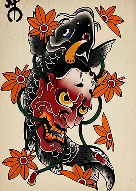 Koi Fish and Hannya Mask Tattoo