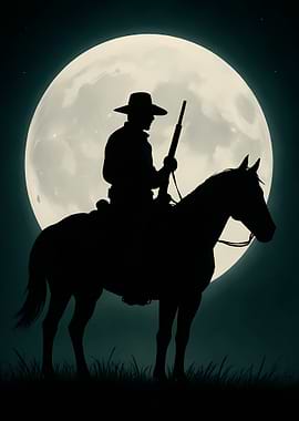 Cowboy Silhouette Under Moonlight
