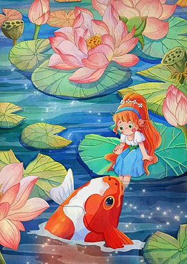 Girl with Koi Fish in Lotus Pond