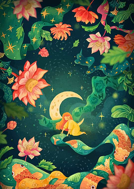 Dreamy Girl on Moon with Koi