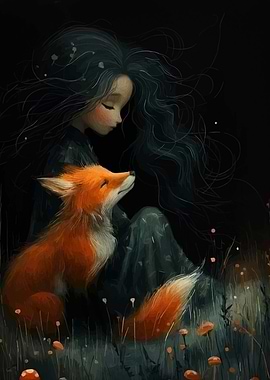 Girl and Fox in Dark Forest
