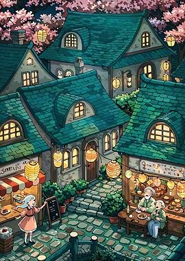 Charming Village Scene with Lanterns