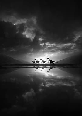 Dinosaur silhouettes reflected in water