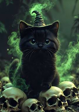 Black Cat Witch on Skulls