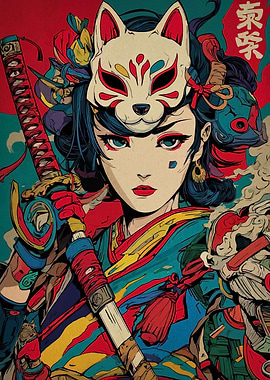 Anime Girl with Kitsune Mask and Katana
