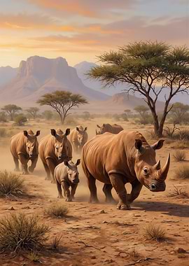 Rhino Herd in African Landscape