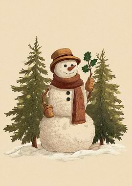 Festive Snowman with Holly and Trees