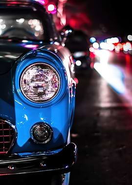 Blue Vintage Car Headlight Close-Up