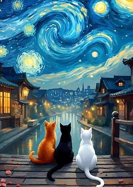 Cats gazing at starry night cityscape