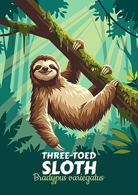 Three-Toed Sloth in Jungle Illustration