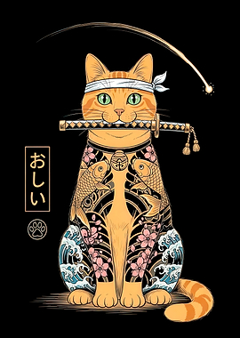 Samurai Cat with Tattoos and Sword