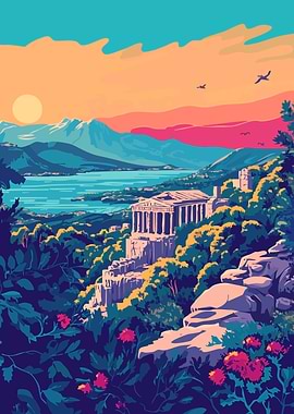 Ancient Greece Landscape Illustration Art