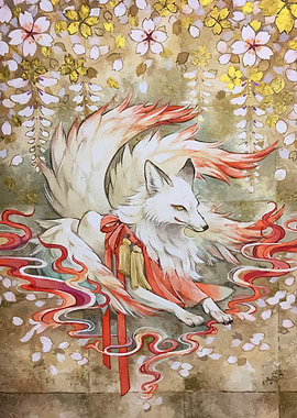 Nine-tailed Fox with Floral Background