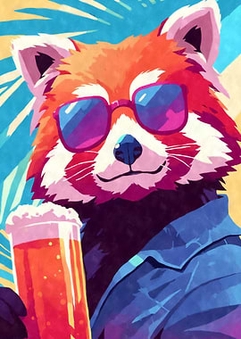 80s Retro Red Panda with Beer
