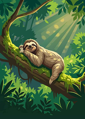 Sleeping Sloth in Jungle Cartoon
