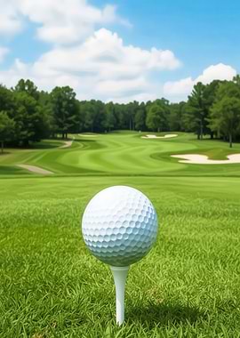 Golf ball on tee, green course