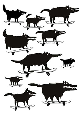 Skateboarding Wolves Black and White Art