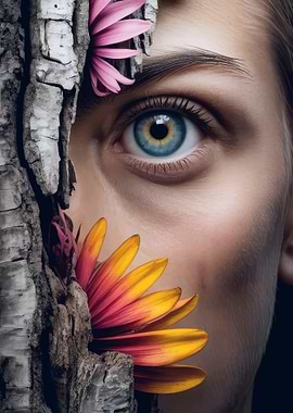 Eye, Tree Bark, and Flowers
