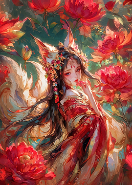 Fox Girl in Floral Fantasy