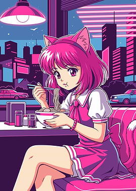Anime Girl Eating Ramen at Diner